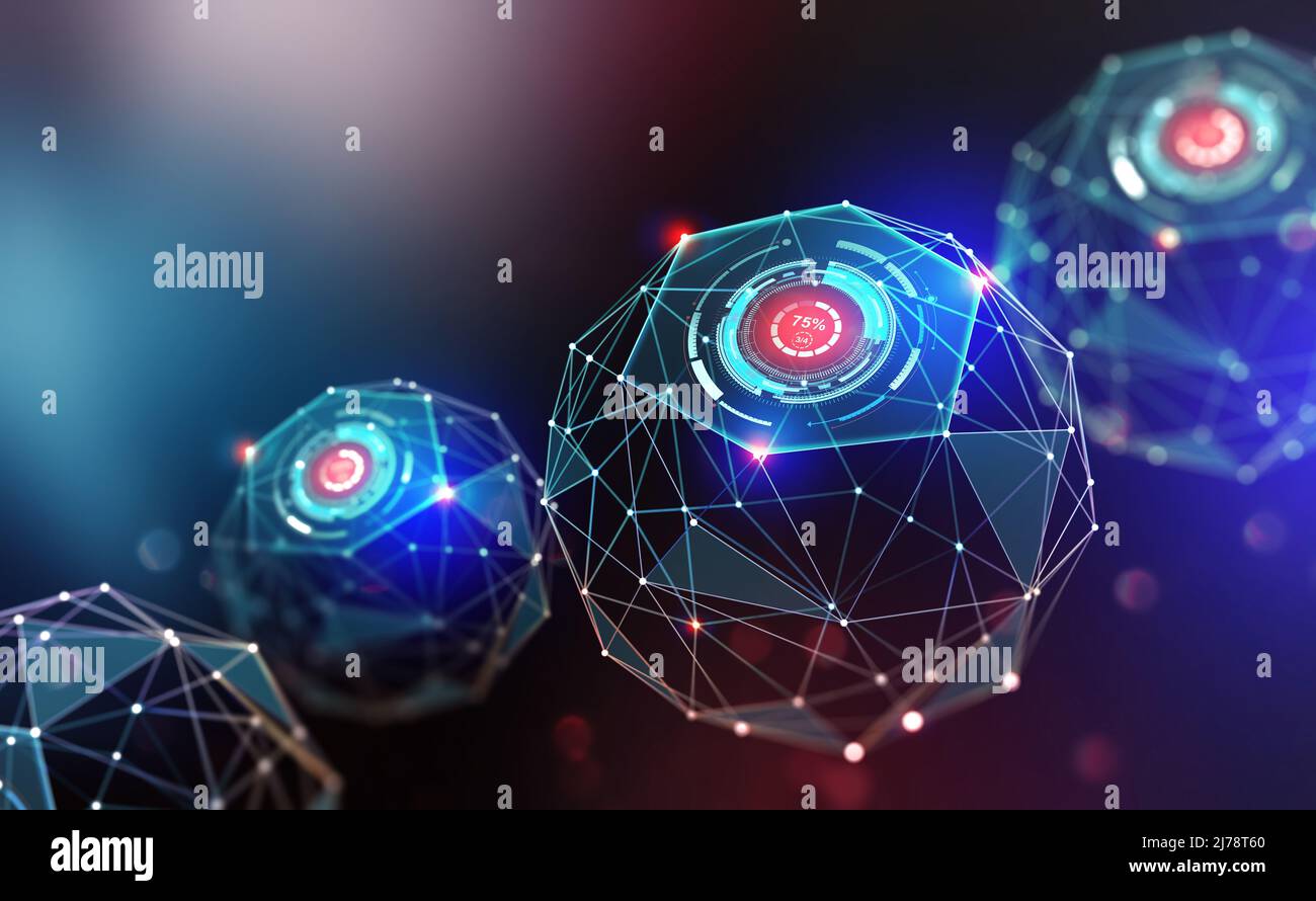 Intelligenza artificiale e tecnologia wireless. Rete digitale globale. Sicurezza dei dati Internet. 3d illustrazione di oggetti poligonali con elementi di Foto Stock