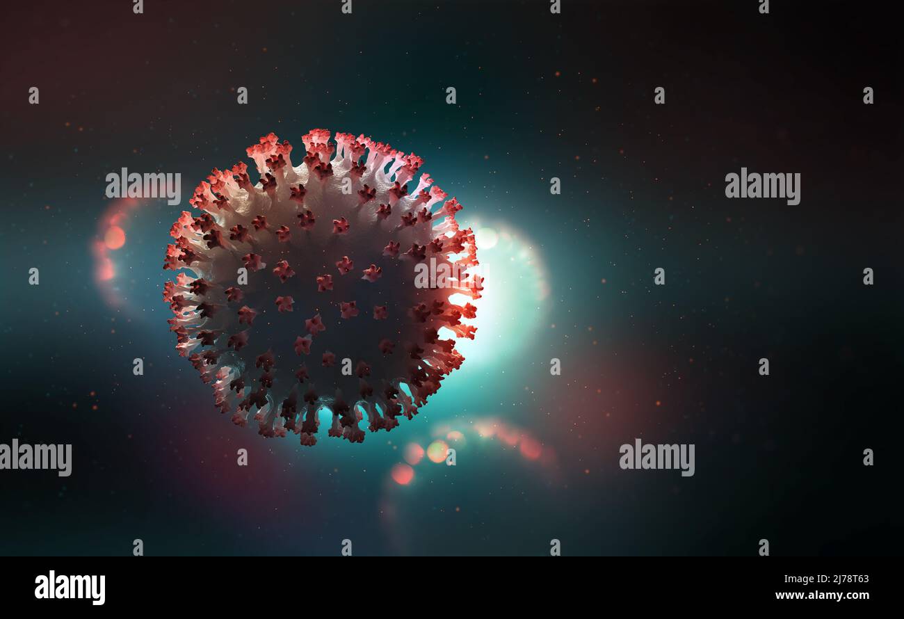 Studio scientifico delle mutazioni virali. Evoluzione dei microrganismi al microscopio. Virologia del futuro. Riassunto 3D illustrazione dell'antigene nell'uomo Foto Stock