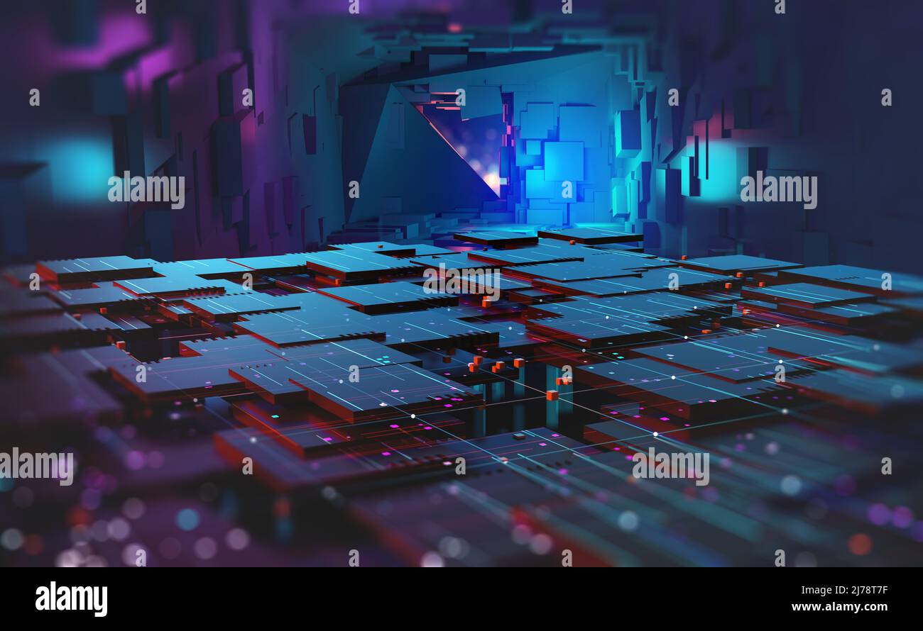Cyber cave, palcoscenico per le prestazioni, palcoscenico nello spazio digitale. Blocchi di informazioni in forme architettoniche astratte. Illustrazione High TECH 3D Foto Stock