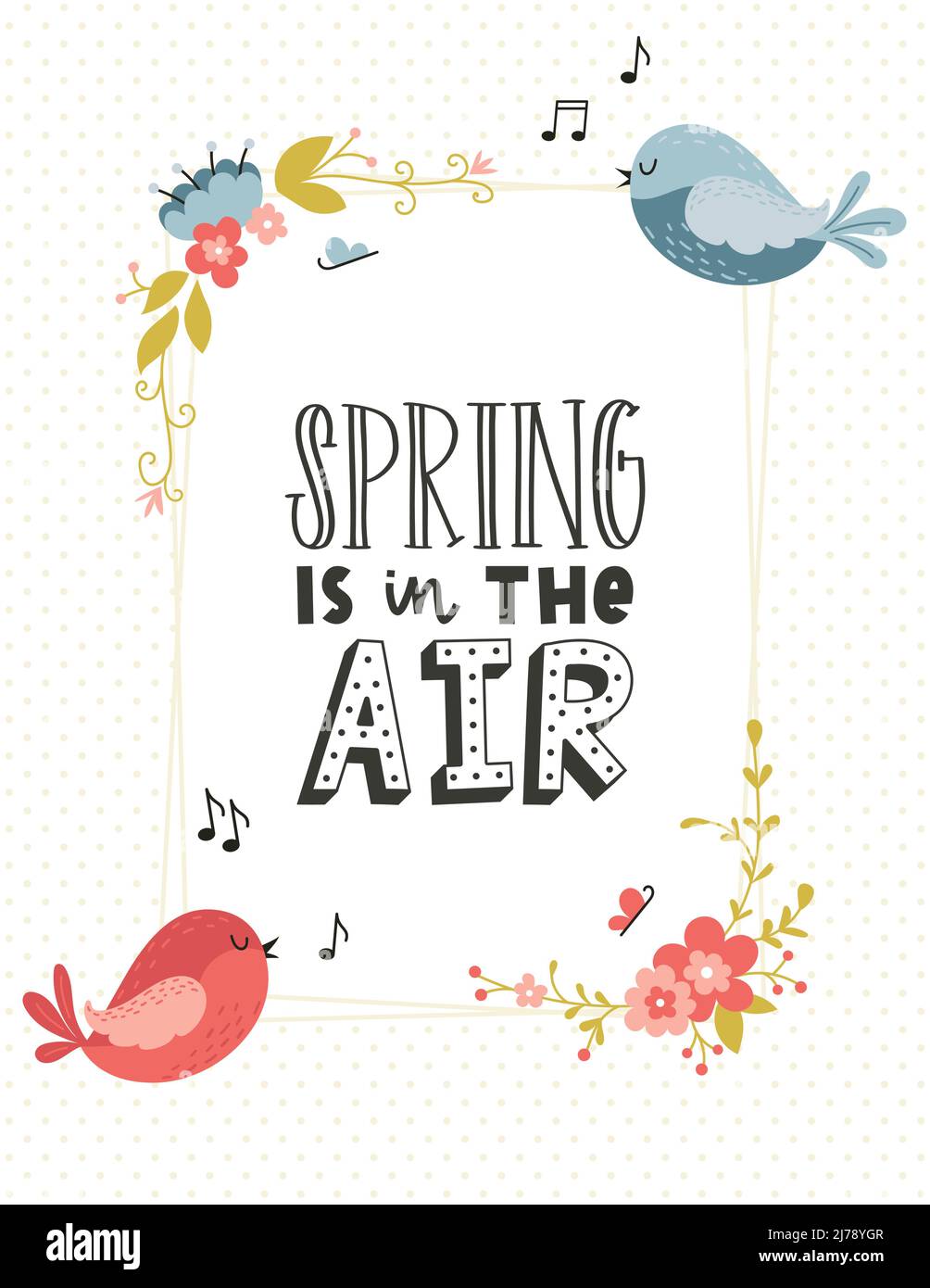 Una carta con una cornice rettangolare con angoli di fiori primaverili, farfalle e simpatici uccelli cantanti frase disegnata a mano - la primavera è nell'aria. Colore ca Illustrazione Vettoriale