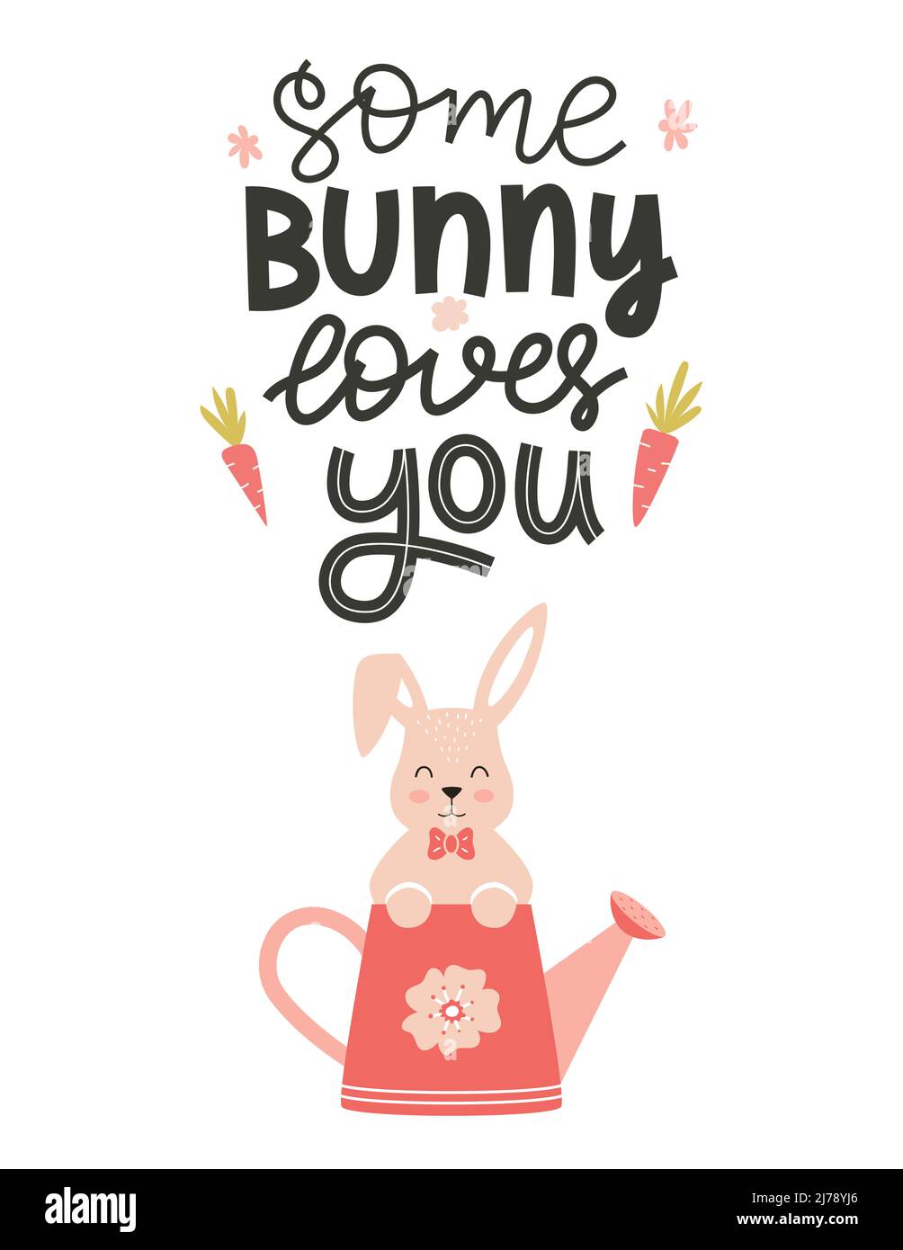 Un biglietto d'auguri con un coniglio carino seduto in un annaffiatoio rosa. Frase di scrittura della mano - un certo coniglietto li ama. Disegno vettoriale cartoon piatto a colori Illustrazione Vettoriale