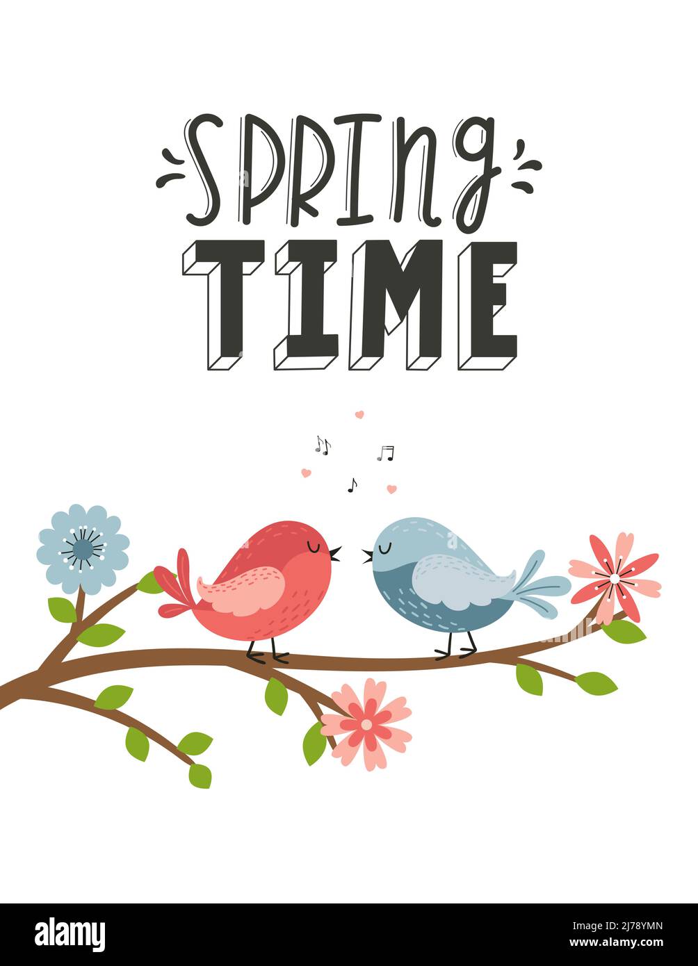 Una carta con simpatici lovebirds seduti su un ramo con fiori, note e cuori. Una frase disegnata a mano - Springtime. Disegno vettoriale cartoon piatto a colori Illustrazione Vettoriale