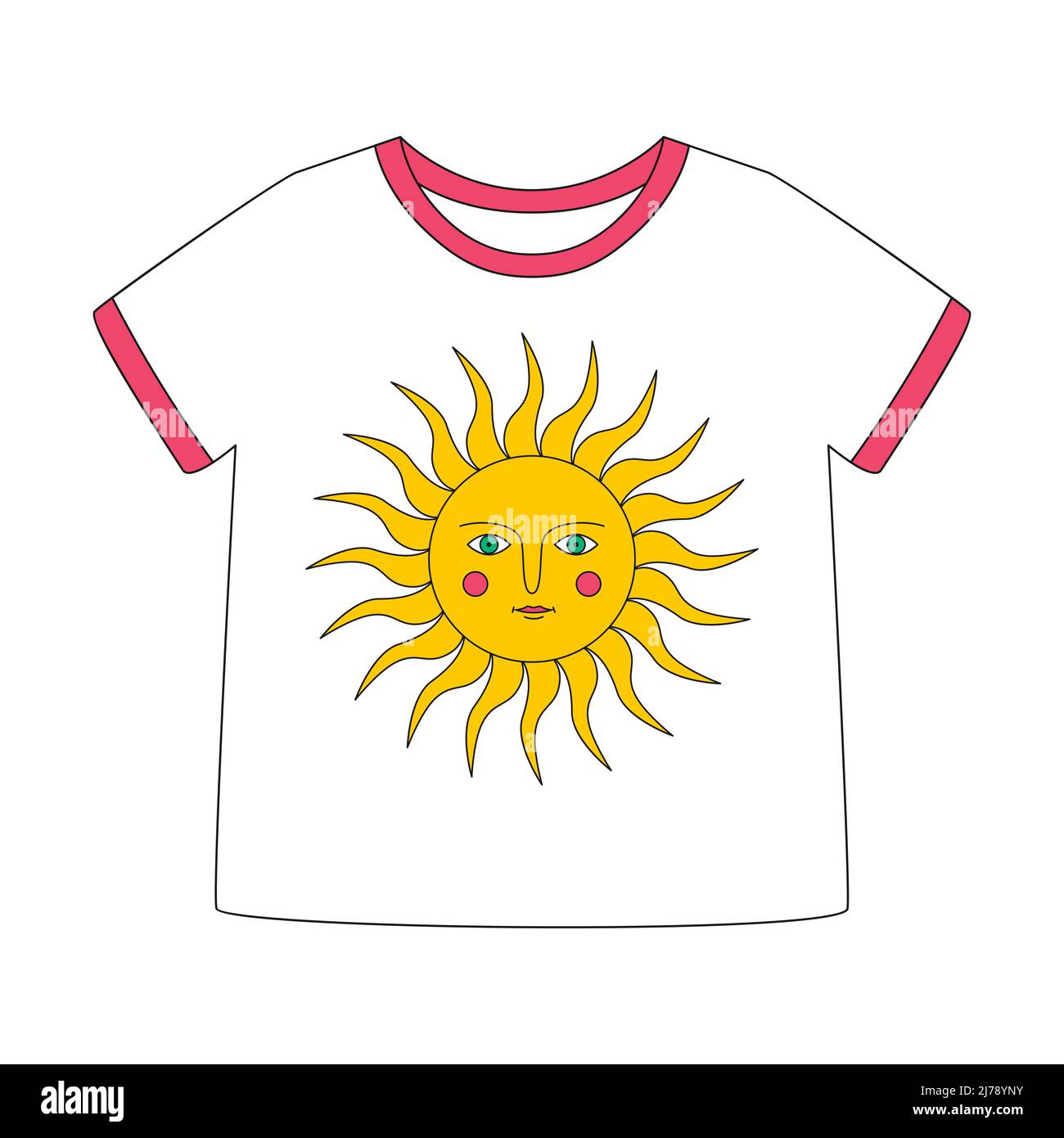 T-shirt bianca con maniche corte e sole retrò con raggi e occhi. Un abito estivo. Un'illustrazione vettoriale a colori con un contorno, isolato su un bianco Illustrazione Vettoriale