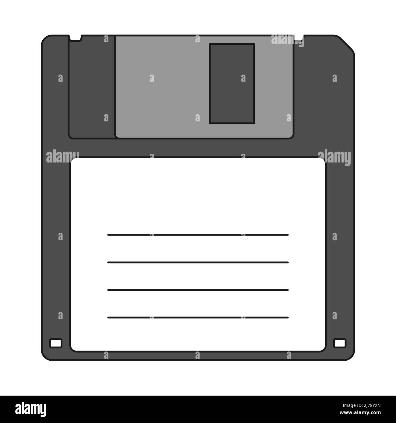 Un disco floppy. Un dispositivo vintage per la memorizzazione delle informazioni. Vecchio computer. Il simbolo del 90s. Icona vettore colore isolata su un backgrou bianco Illustrazione Vettoriale
