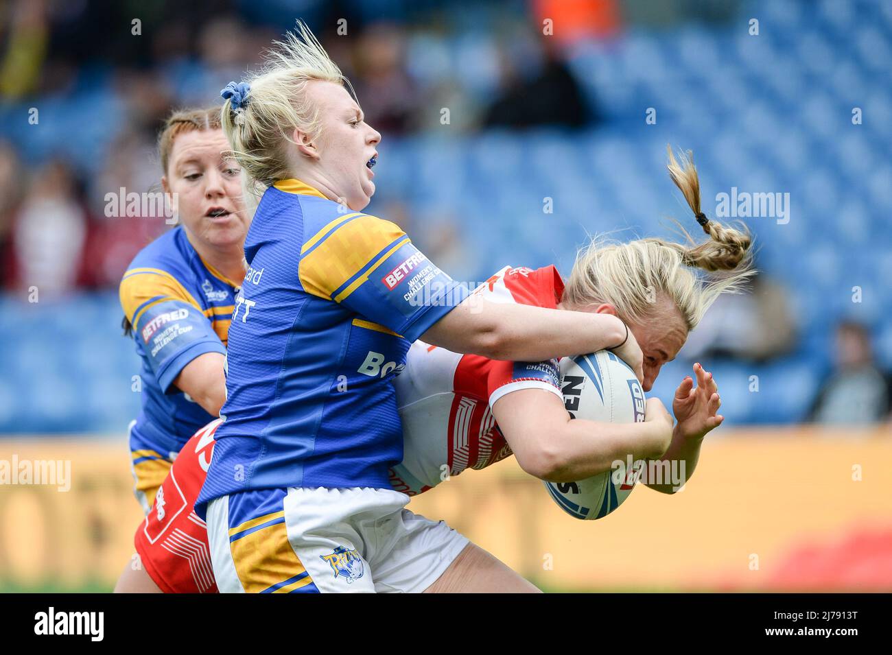 Leeds, Inghilterra - 7th maggio 2022 - Jodie Cunningham di St. Helens prova. Woman's Rugby League Betfred Challenge Cup Final Leeds Rhinos vs St. Helens all'Elland Road Stadium, Leeds, UK Dean Williams Credit: Dean Williams/Alamy Live News Foto Stock