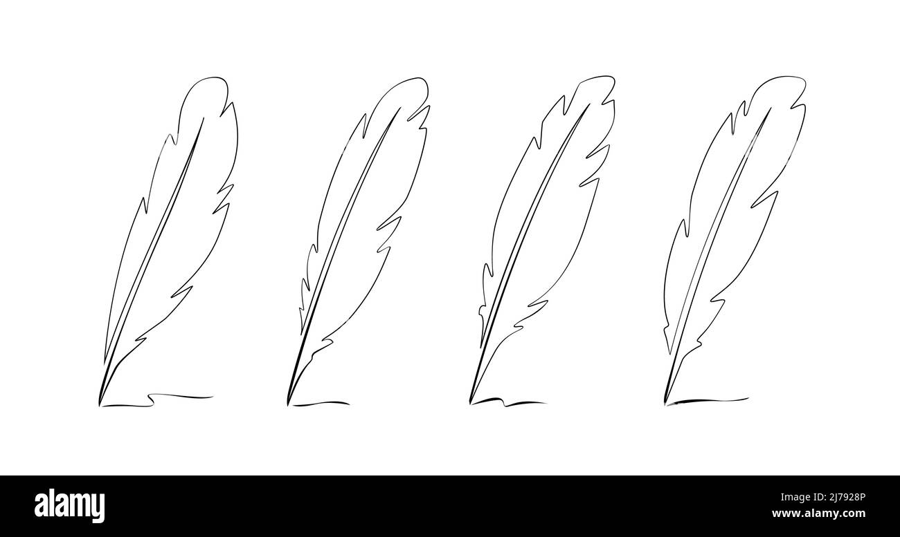 Set di icone penna piuma. Scrivere una semplice linea continua di simboli. Illustrazione vettoriale Illustrazione Vettoriale
