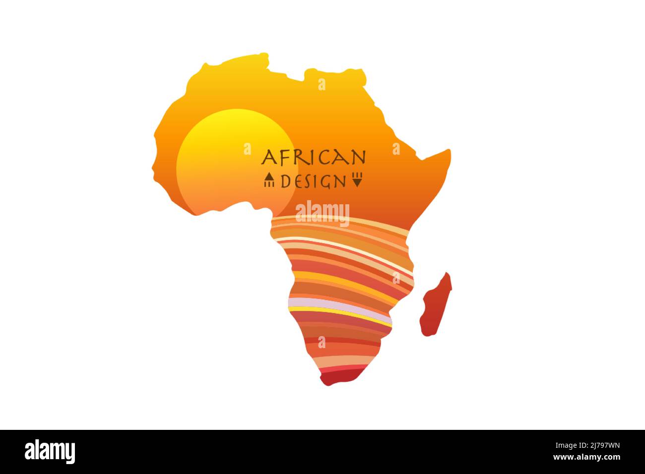 Africa mappa modellata con paesaggio etnico tramonto. Banner con logo, colori tradizionali africani tribali, elementi motivo a strisce, concept design. Vettore Illustrazione Vettoriale