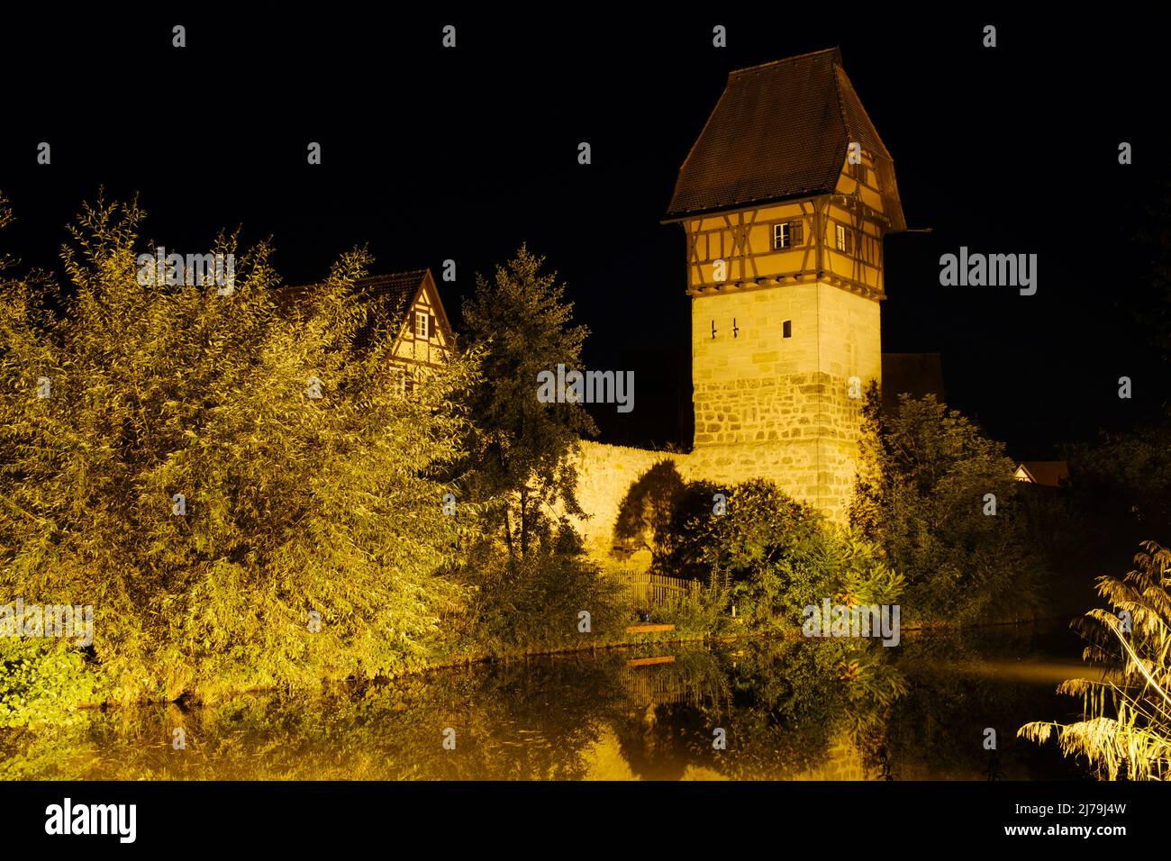 Porta di Nördlinger di notte, Dinkelsbühl, Franconia, Baviera, germania, Europa Foto Stock