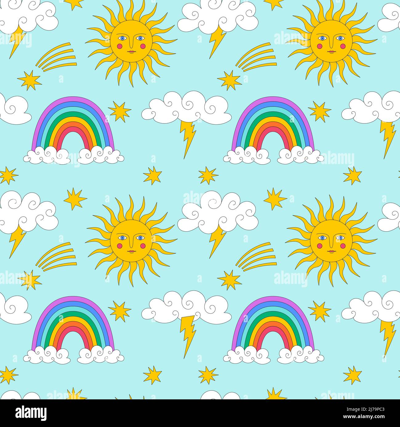 Modello senza giunture con nuvole, arcobaleno, sole. Elementi carini con un profilo in stile retrò vintage. Ottimo per i tessuti per bambini e per la casa, Color Vector Illustrazione Vettoriale
