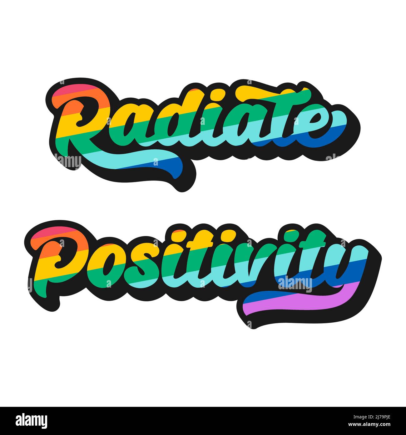 Frase tipografica irradiare positività. Una brillante composizione di testo arcobaleno. Citazione positiva, motivazionale e ispiratrice. Vettore di colori brillanti illustrati Illustrazione Vettoriale