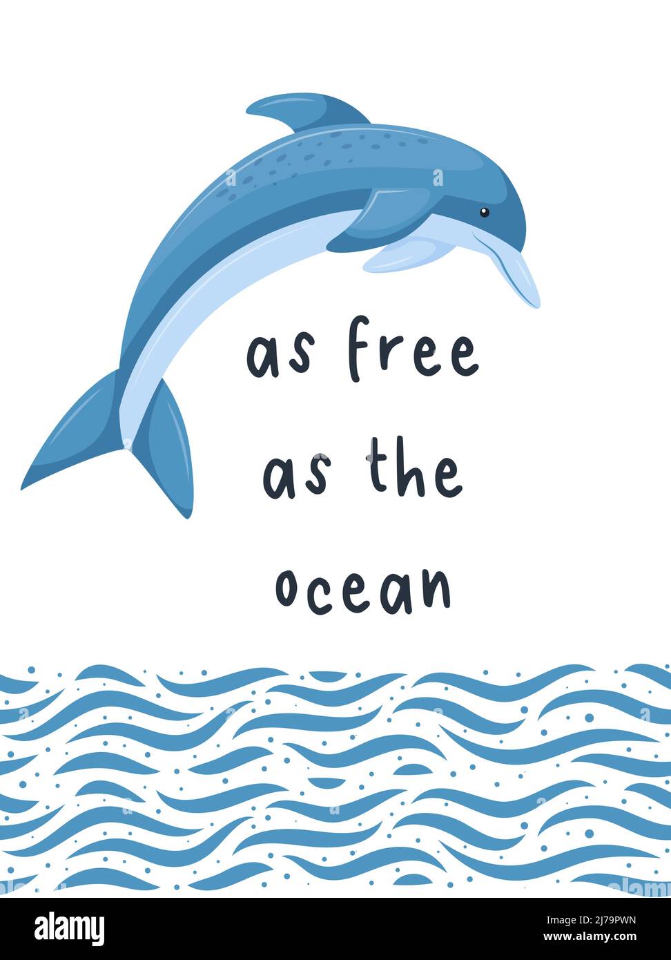 Una scheda rettangolare con un delfino che salta in un mare astratto. Confine senza soluzione di continuità delle onde di mare. L'iscrizione - libera come l'oceano. Illustratio vettoriale Illustrazione Vettoriale