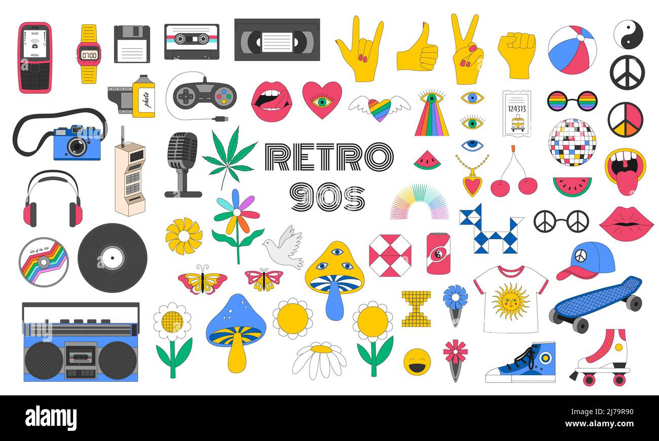 Un insieme di simboli retrò del 90s. Gesti, registratore a nastro, vestiti, fiori, video, vecchio telefono cellulare. Nostalgia per il 90s. Vettore colorato chiaro ill Illustrazione Vettoriale