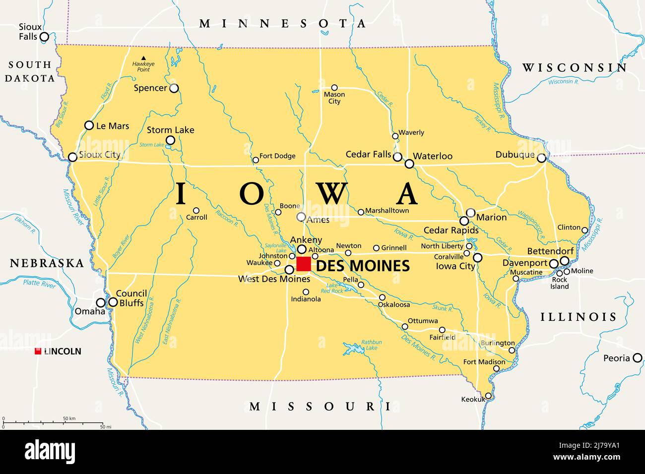 Iowa, IA, mappa politica, con la