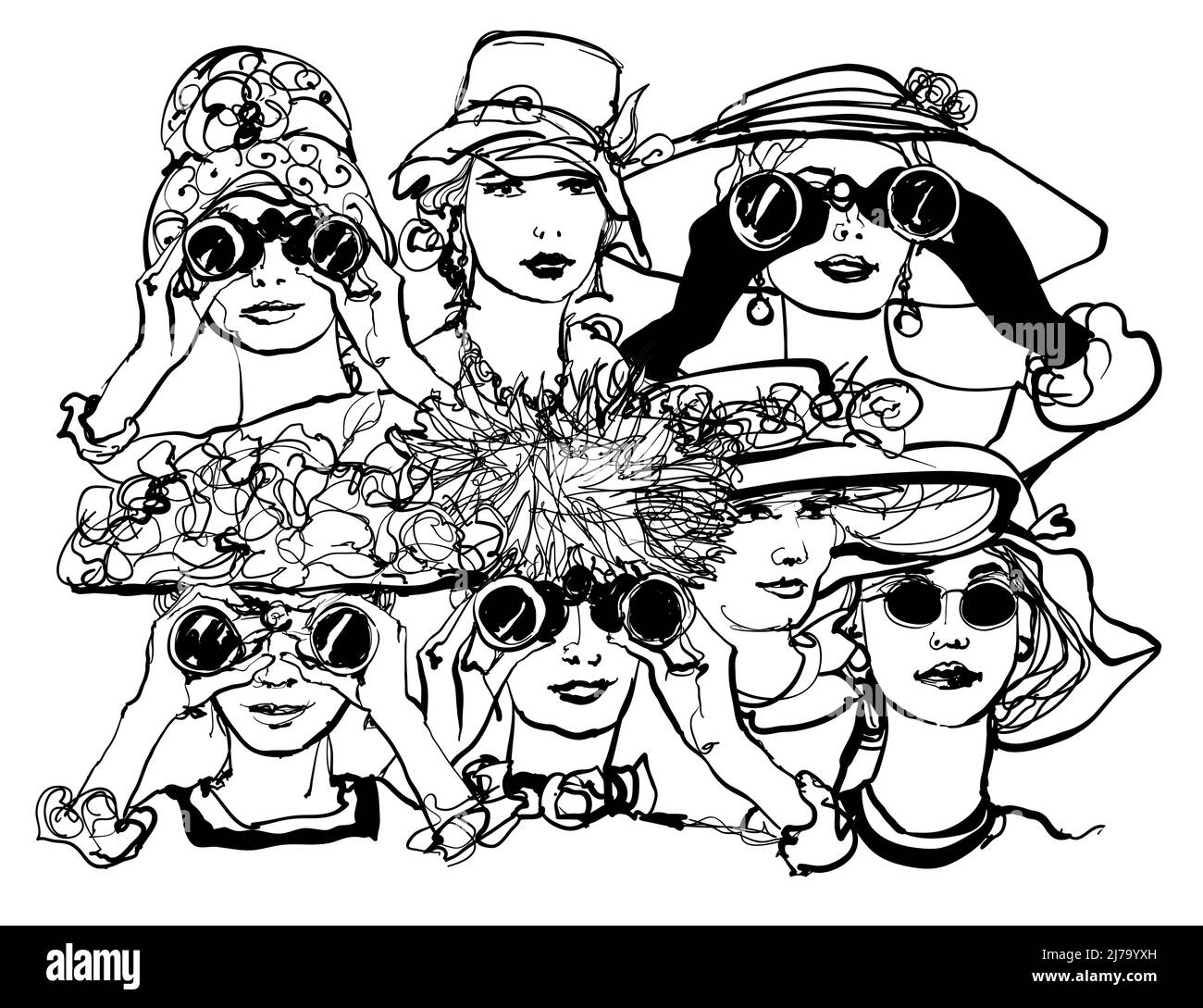 Belle donne a cavallo con binocolo-illustrazione vettoriale (ideale per la stampa su tessuto o carta, poster o carta da parati, decorazione della casa) Illustrazione Vettoriale