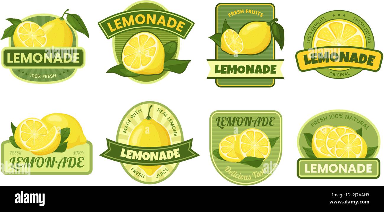 Etichetta limonata. Limonate fresche e naturali tag con limone giallo frutta, succo di agrumi adesivi vettore set Illustrazione Vettoriale