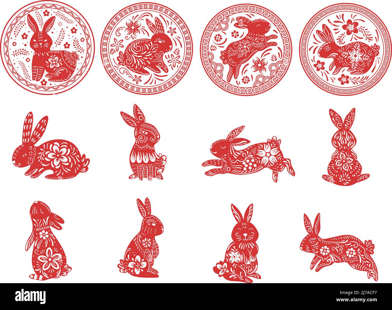 Coniglio zodiaco. Cinese lunare nuovo anno animale con fiori ornamenti, asiatici conigli francobolli e rosso oroscopo vettore Illustrazione set Illustrazione Vettoriale