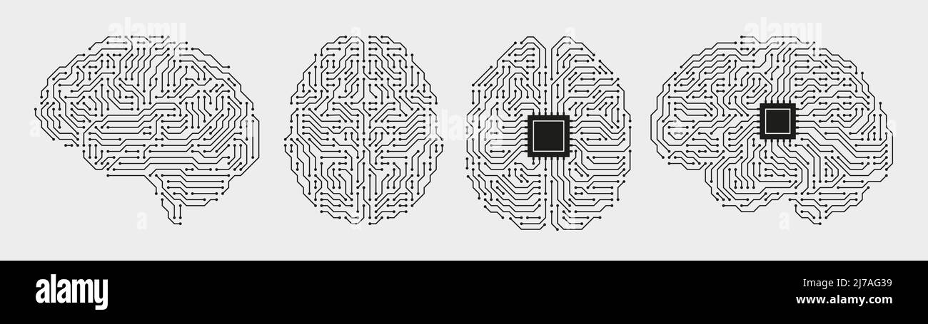 Cervello di schede a circuito stampato. Microchip di intelligenza artificiale, chip di intelligenza artificiale e set di illustrazioni vettoriali del processore del cervello digitale Illustrazione Vettoriale