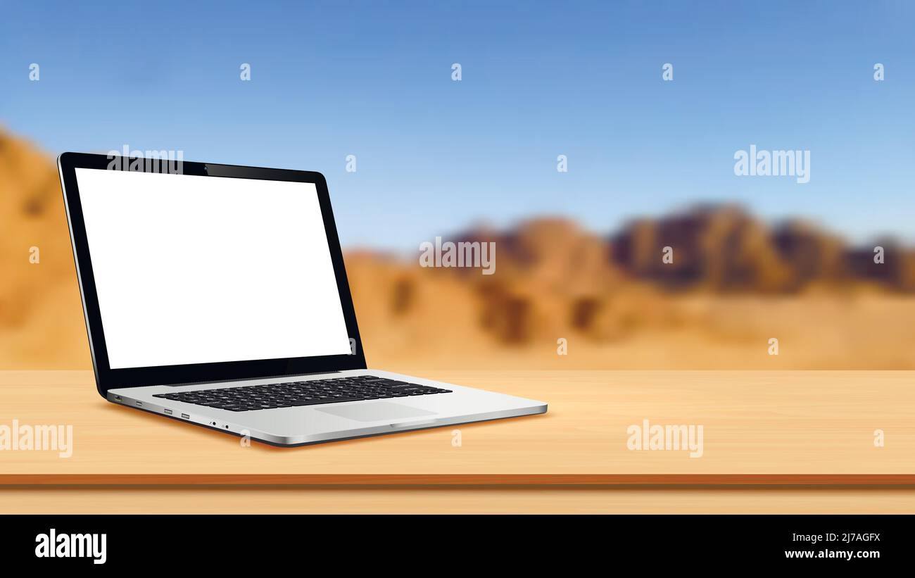 Mockup di computer portatile con schermo vuoto sul tavolo con vista panoramica montagna Illustrazione Vettoriale