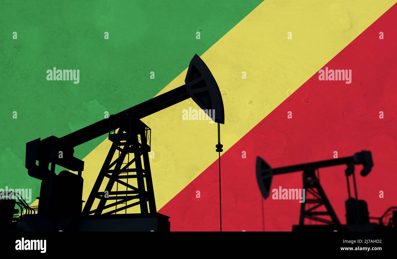 Background dell'industria petrolifera e del gas. Sagoma della pompa dell'olio contro la bandiera della repubblica del congo. 3D rendering Foto Stock