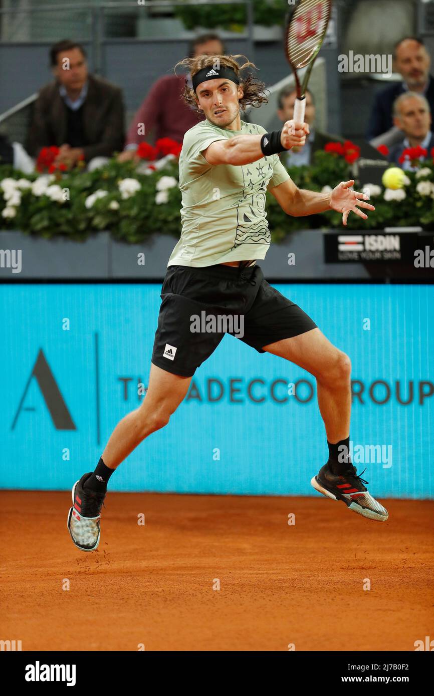 Stefanos Tsitsipas (GRE), 6 MAGGIO 2022 - Tennis : Stefanos Tsitsipas  durante i single Quarter-finals match contro Andrey Rublev durante l'ATP  tour Masters 1000 'mutua Madrid Open tennis tournament' al Caja Magica