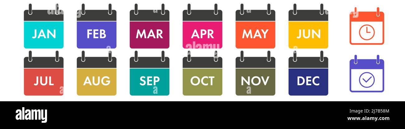 Icone del calendario annuale impostate. Tutti i dodici mesi con nomi in forma abbreviata. Più due icone di pianificazione aggiuntive. Illustrazione vettoriale piatta isolata su Illustrazione Vettoriale