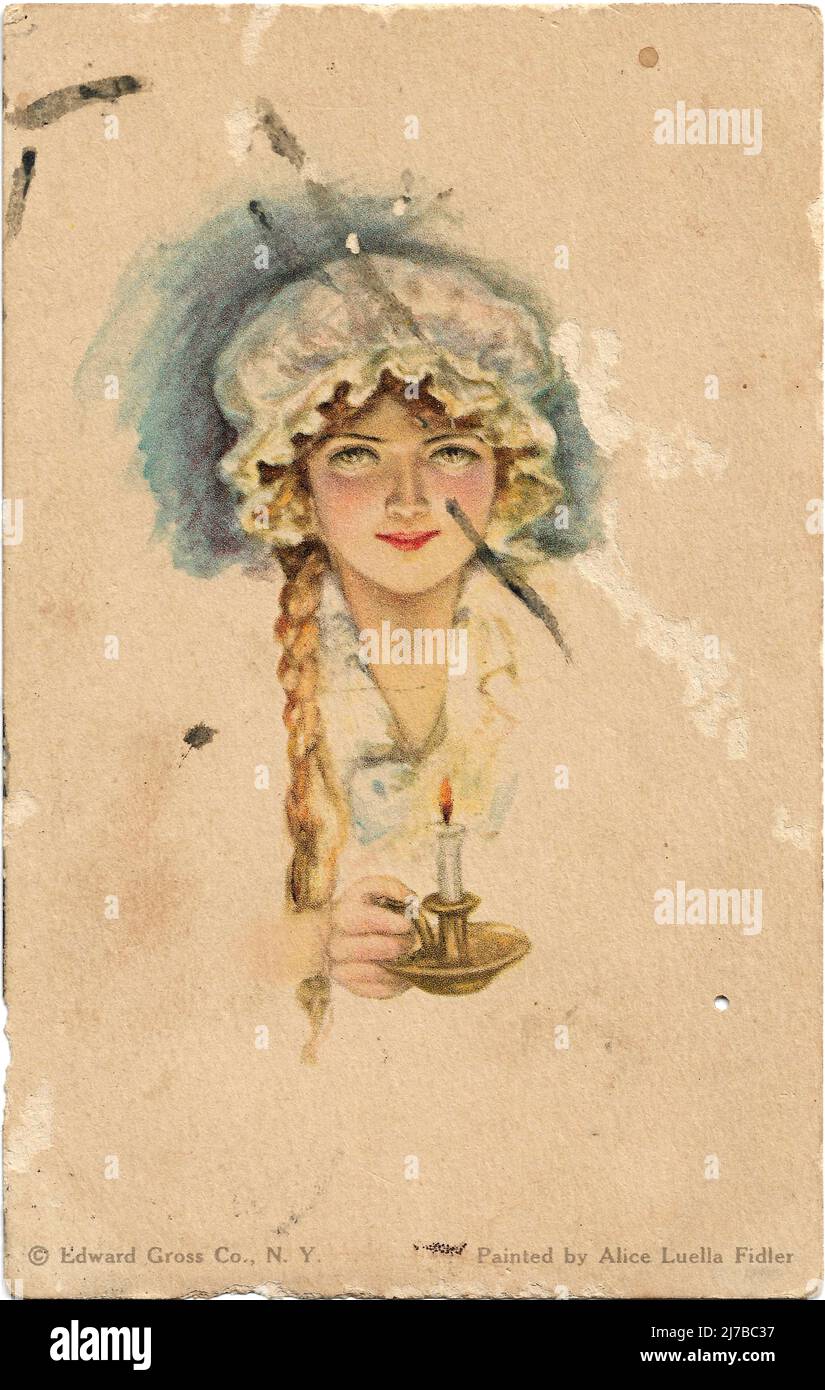 Cartolina americana ragazza. Bella ragazza bionda. Edward Gross Co., N.Y. dipinto da Alice Luella Fidler. B. K. W. I. biglietto d'auguri d'annata Northamerican. La Edward Gross Company di New York vendette stampe d'arte e stampe d'arte incorniciate per quasi 50 anni, pubblicò anche cartoline, i primi trovati furono datati 1909 e gli ultimi risalgono agli anni '50. Le cartoline erano i social media del tempo. Foto Stock