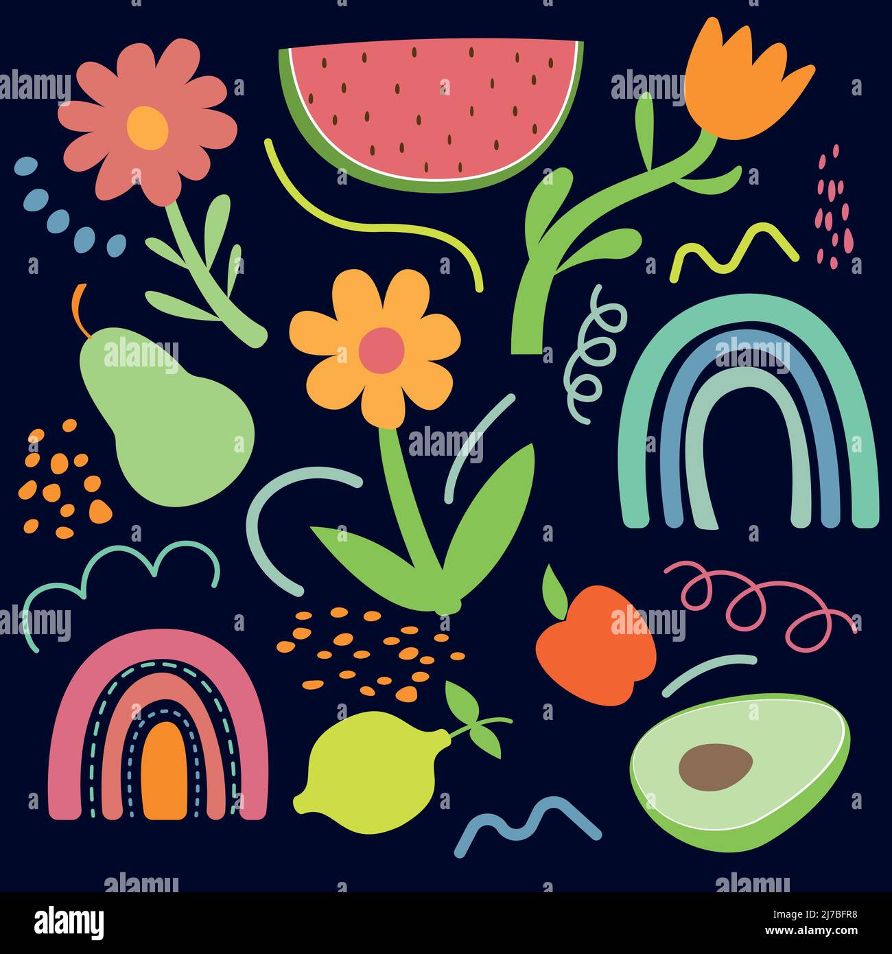 Grande set di vari doodles disegnati a mano con oggetti primavera estate, arcobaleno e frutti di cocomero, pera e avocado. Illustrazione Vettoriale
