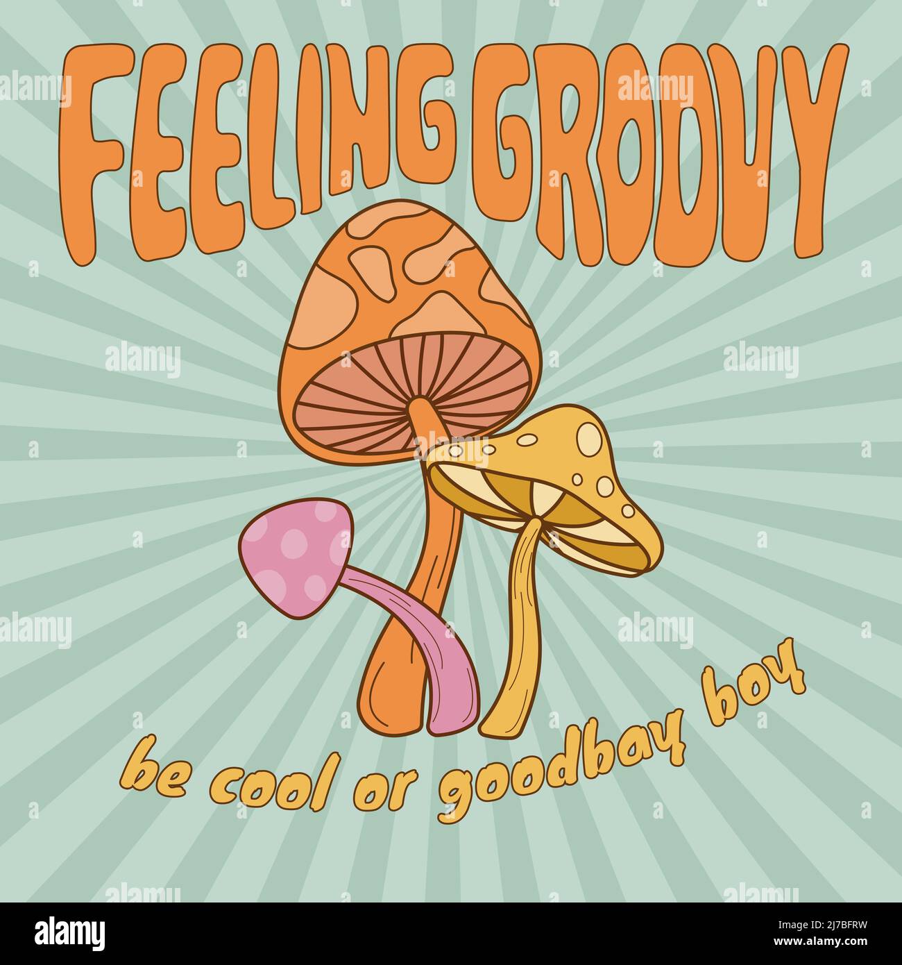 Stile moderno retrò con funghi e grovie per poster e maglietta. Illustrazione Vettoriale