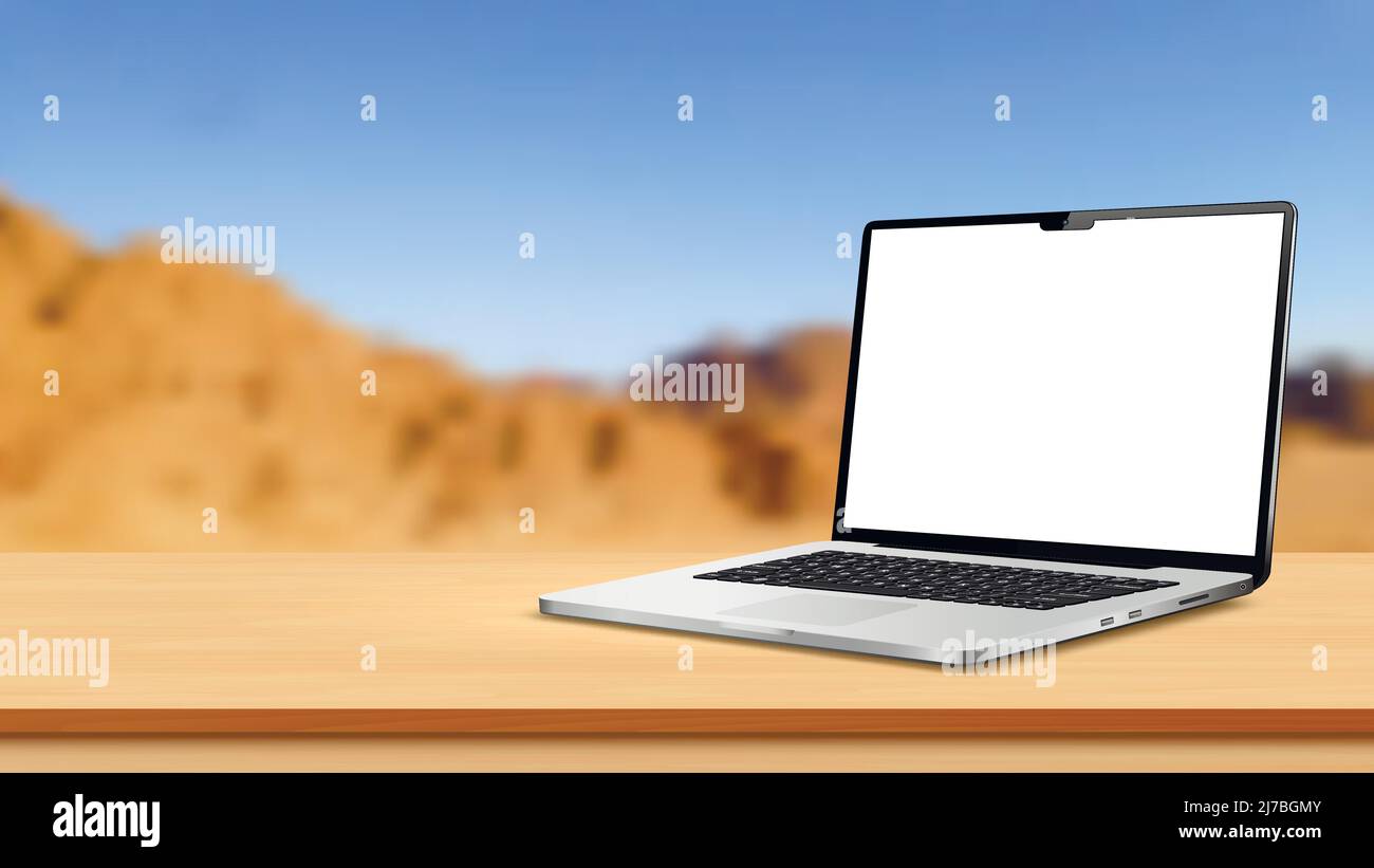Computer portatile schermo vuoto mockup su tavolo di legno con spazio vuoto su sfondo sfocato vista montagna Illustrazione Vettoriale