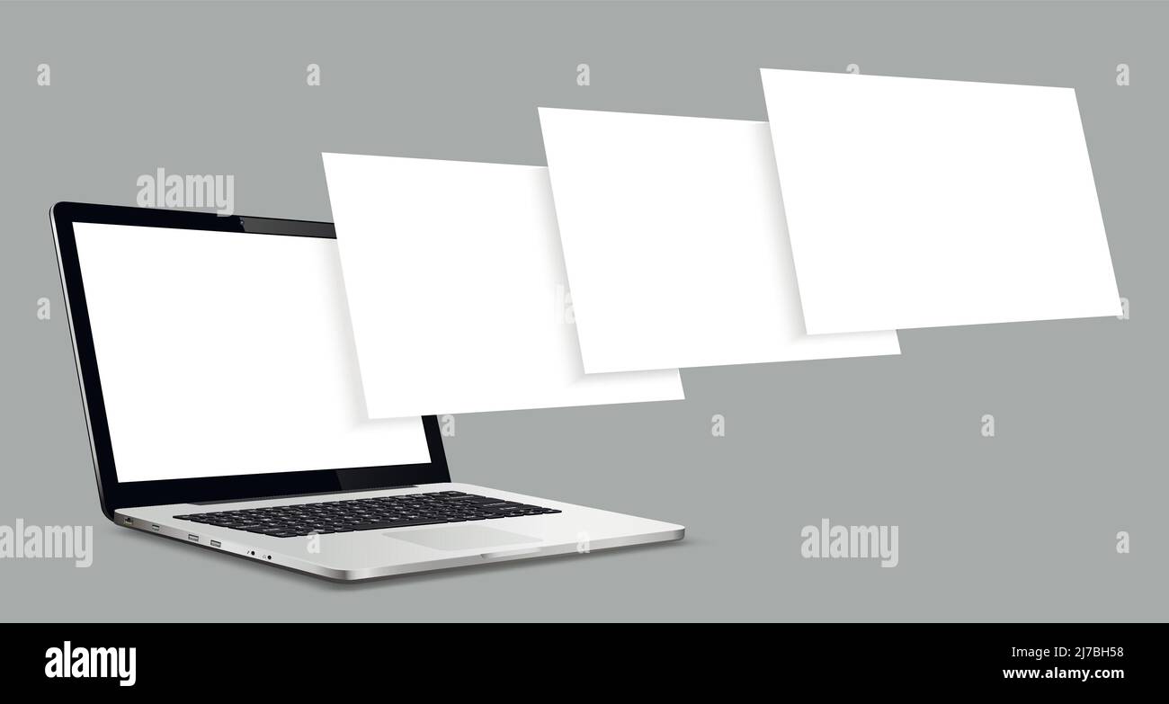 Computer portatile mockup con pagine wireframe vuote. Concetto per la presentazione di progetti di web-design. Illustrazione Vettoriale