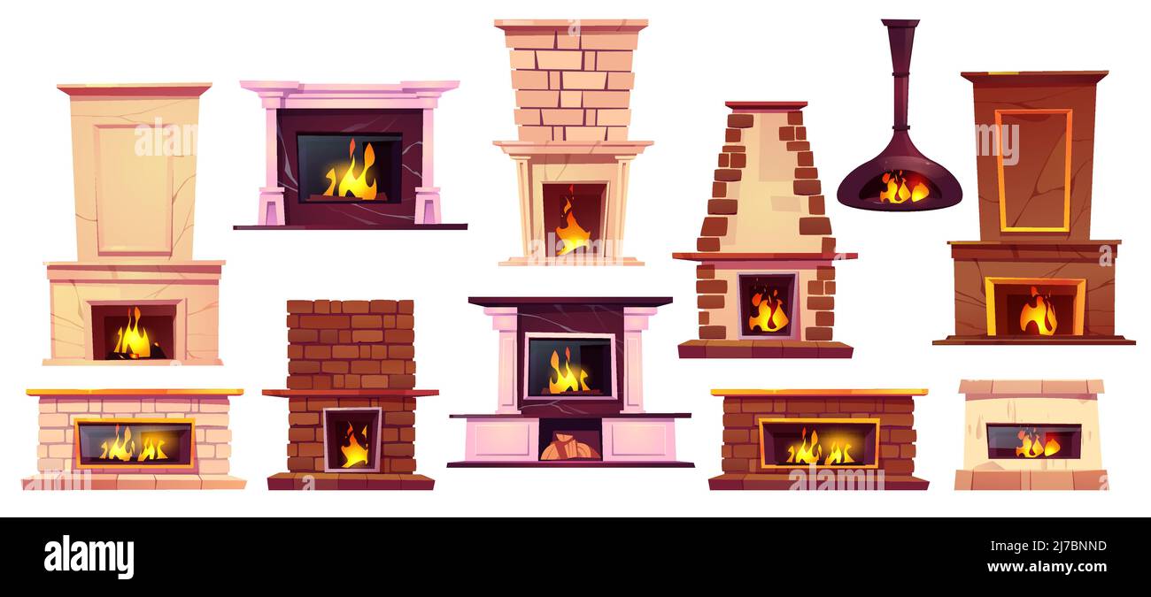 Caminetti con fuoco acceso isolato su sfondo bianco. Set vettoriale di cartoni animati di diverse focacce da marmo, mattoni e ferro con legno, fiamma, c Illustrazione Vettoriale