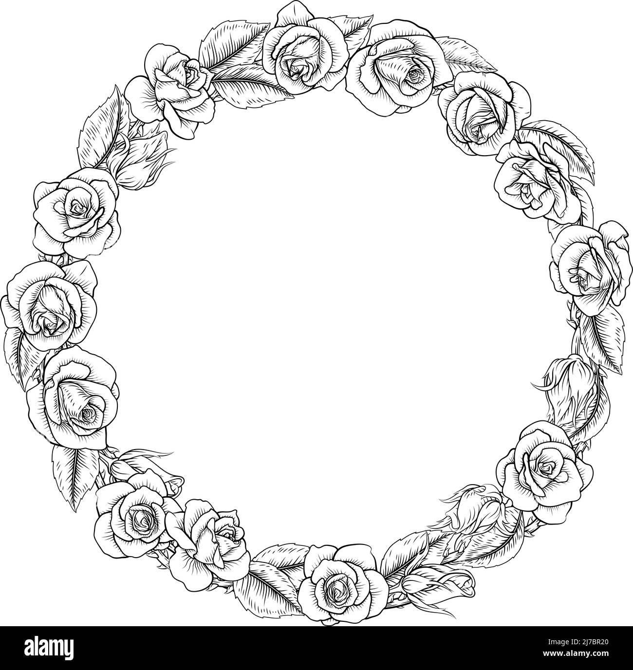 Roses Woodcut Vintage Style Flower Circle Wreath Illustrazione Vettoriale