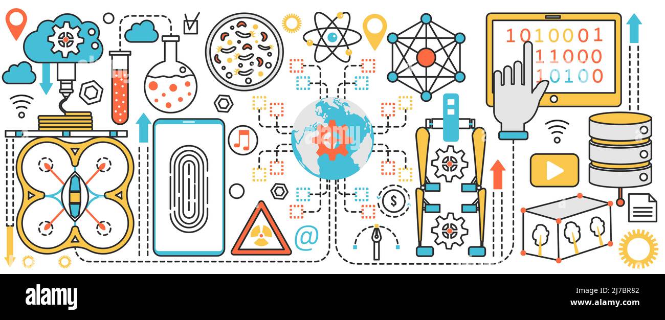 Tecnologia della scienza dell'innovazione, istruzione. Metodo di ricerca algoritmo di informazione, laboratorio di scoperta in microbiologia, medicina e fisica infografica concept banner, sottile linea arte design Illustrazione Vettoriale