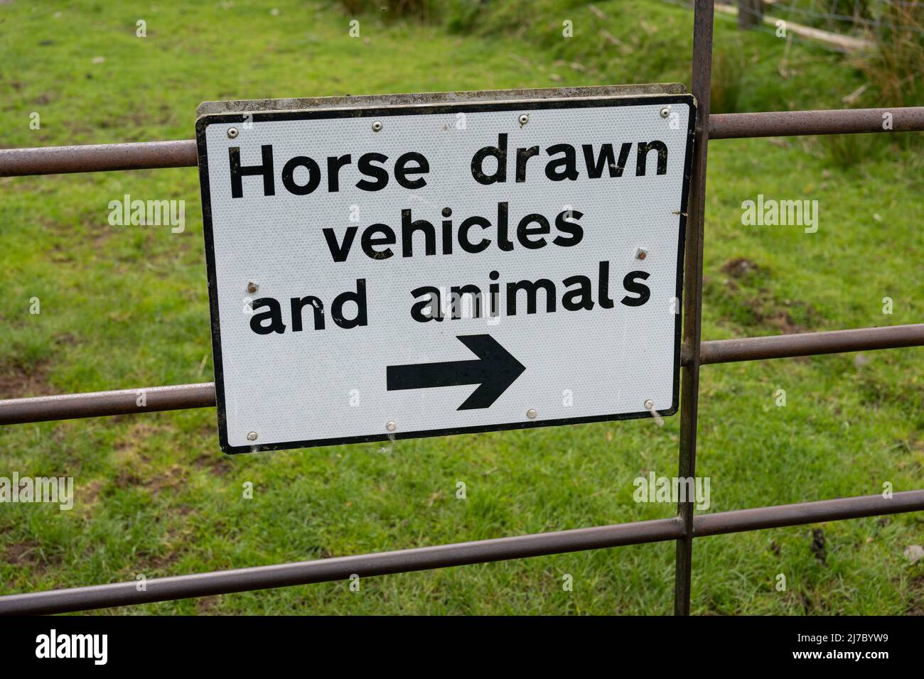 Un cartello accanto a una griglia di bestiame che deviano i veicoli trainati da cavalli e gli animali - un indicatore della campagna. Vicino a Walltown, Northumberland, Regno Unito. Foto Stock