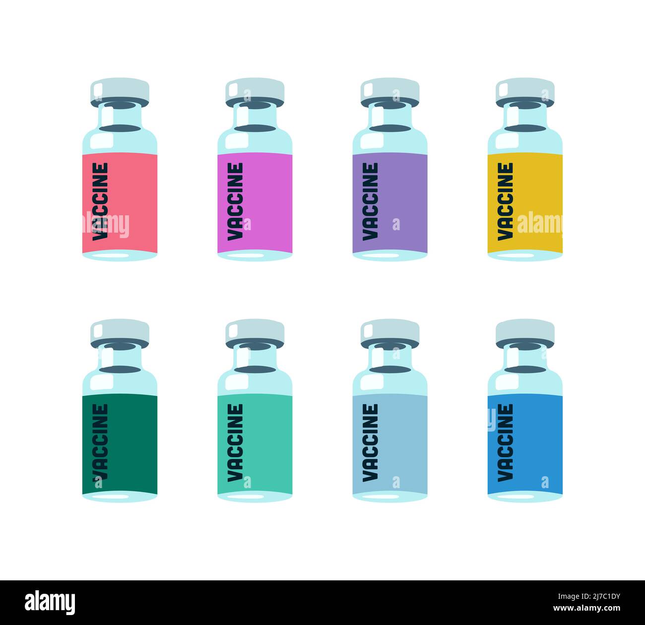 Set di flaconcini con vaccino su sfondo bianco. Fiale colorate con etichetta diversa. Vettore per vaccinazione, trattamento, illustrazione di ricerca medica. Illustrazione Vettoriale