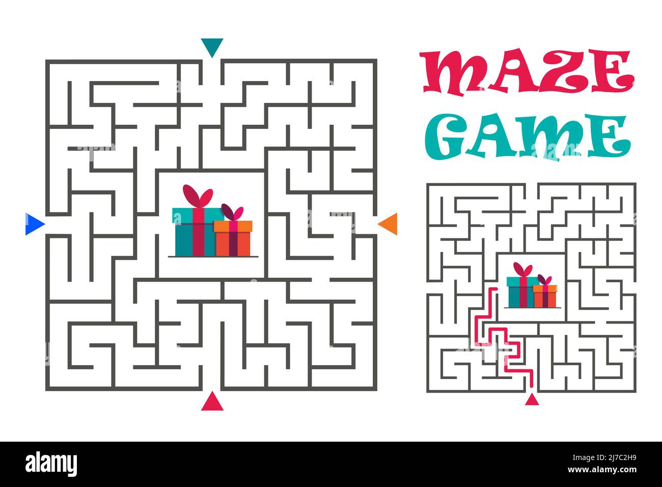 Labirinto quadrato gioco per bambini. Logica enundrum. Quattro ingressi e un modo giusto per andare. Illustrazione piatta vettoriale Illustrazione Vettoriale