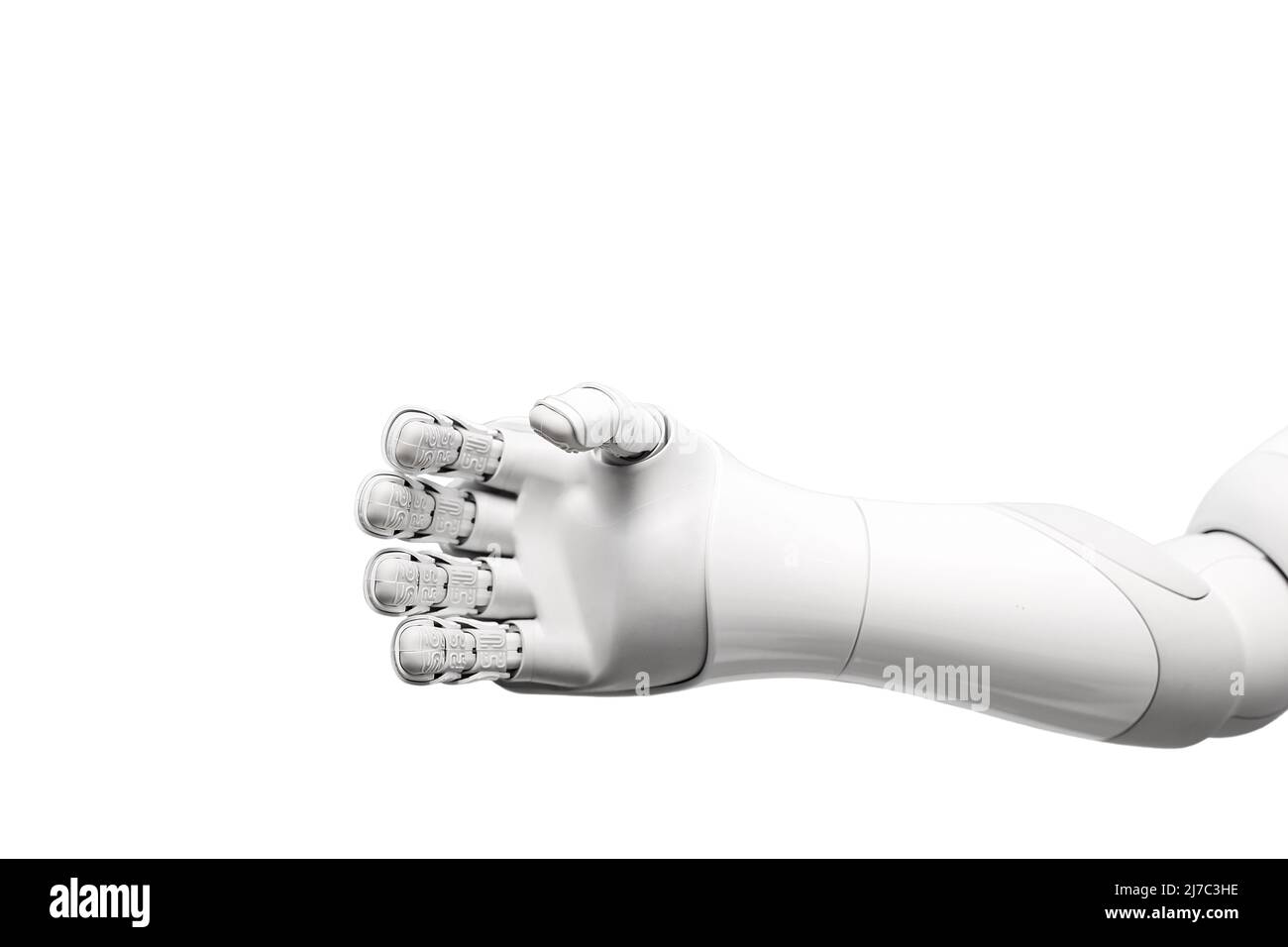 Mano di robot umanoide futuristico su sfondo bianco Foto Stock