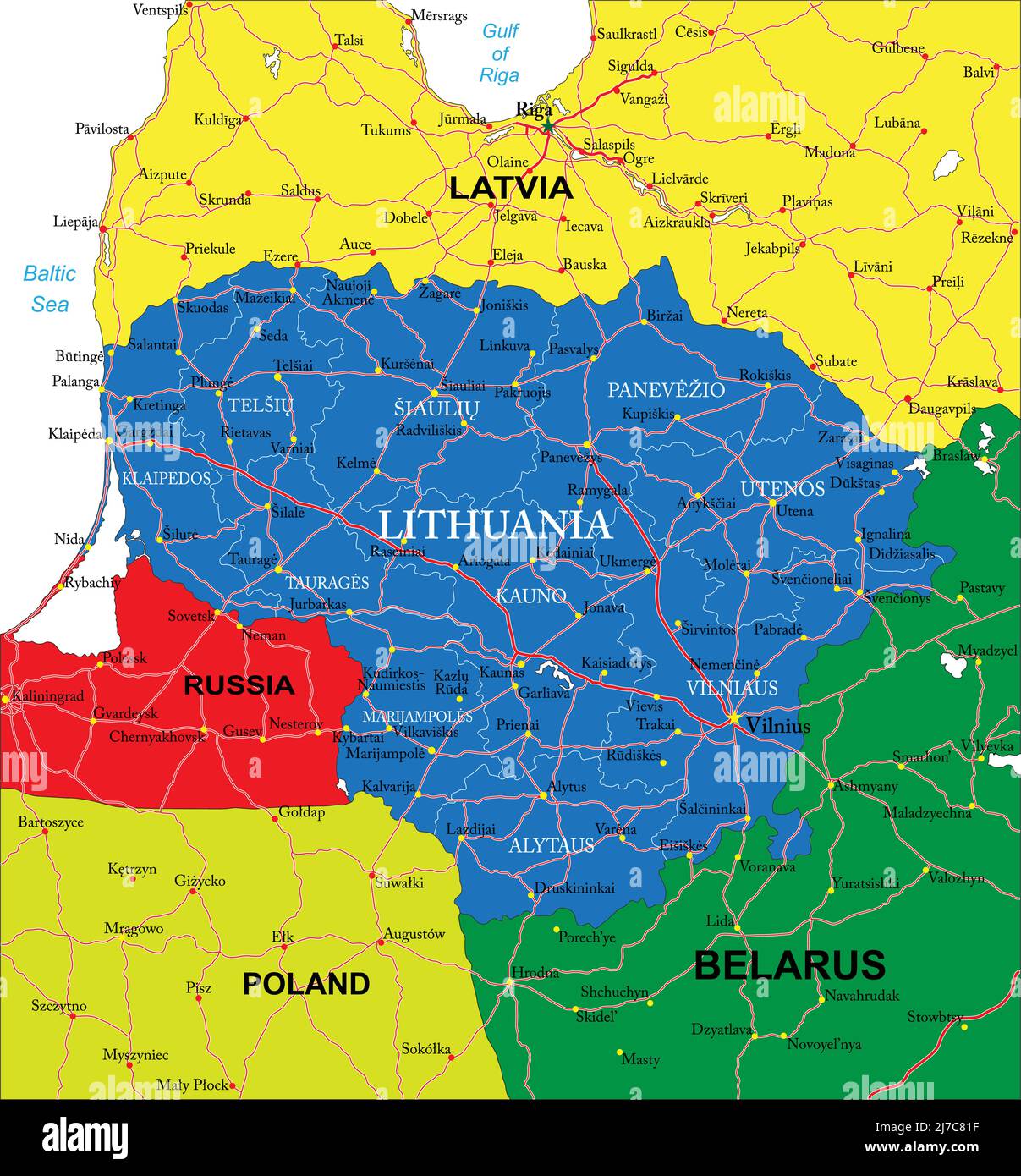 Mappa vettoriale molto dettagliata della Lituania con regioni amministrative, principali città e strade Illustrazione Vettoriale