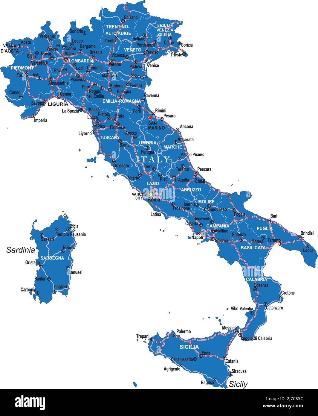 Mappa vettoriale molto dettagliata dell'Italia con regioni amministrative, principali città e strade. Illustrazione Vettoriale