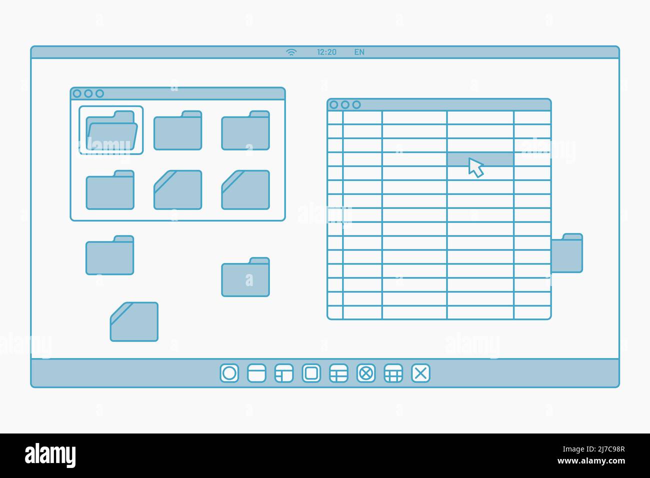 finestra dell'applicazione desktop imposta foglio rapporto video cartella conferenza immagine piatta vettoriale Illustrazione Vettoriale