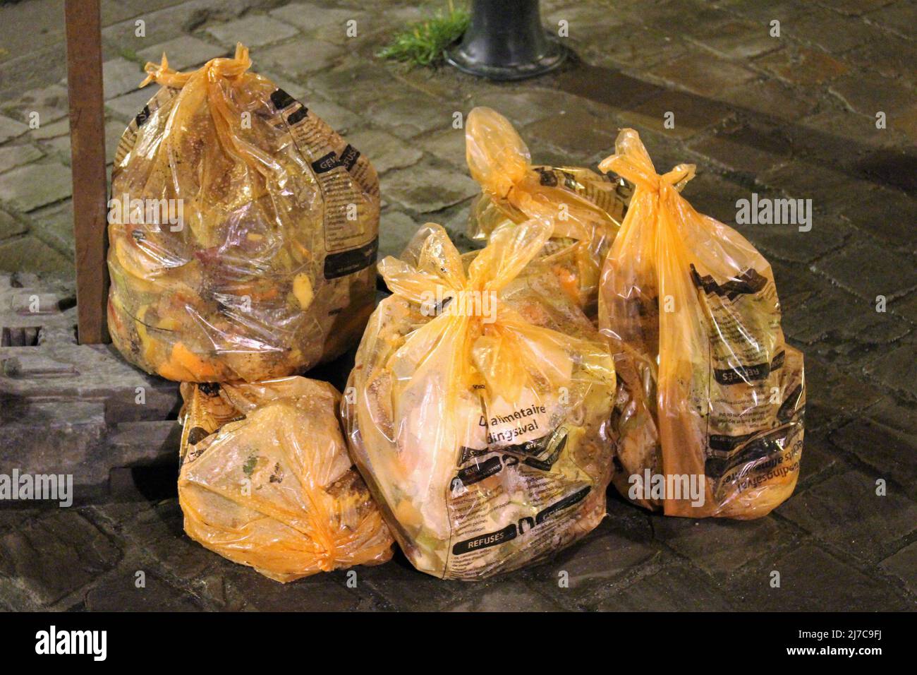 Sacchetti di compost, messi fuori per la raccolta, Ixelles, Bruxelles Foto Stock