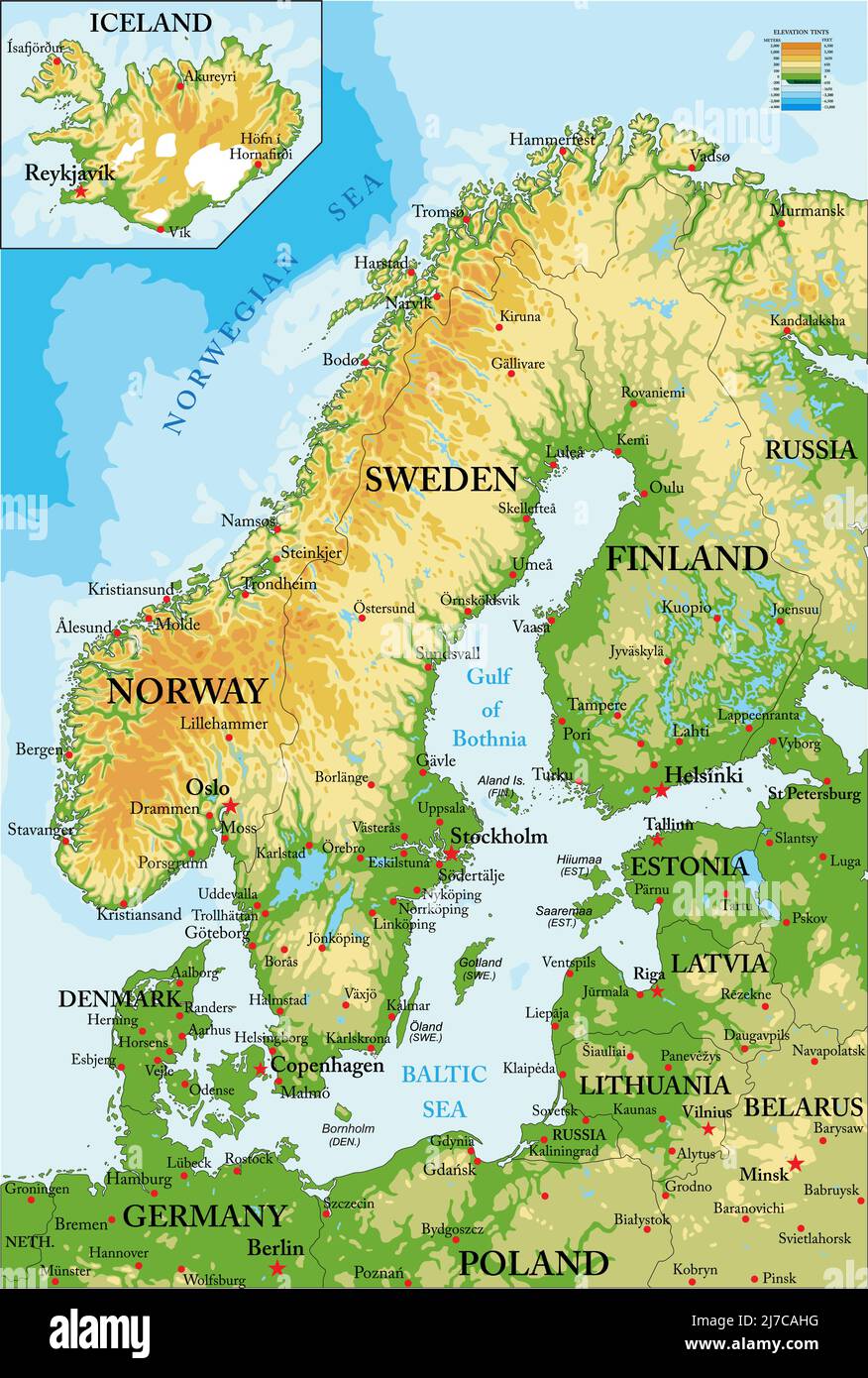 Mappa fisica altamente dettagliata della Scandinavia, in formato vettoriale, con tutte le forme di rilievo. Illustrazione Vettoriale