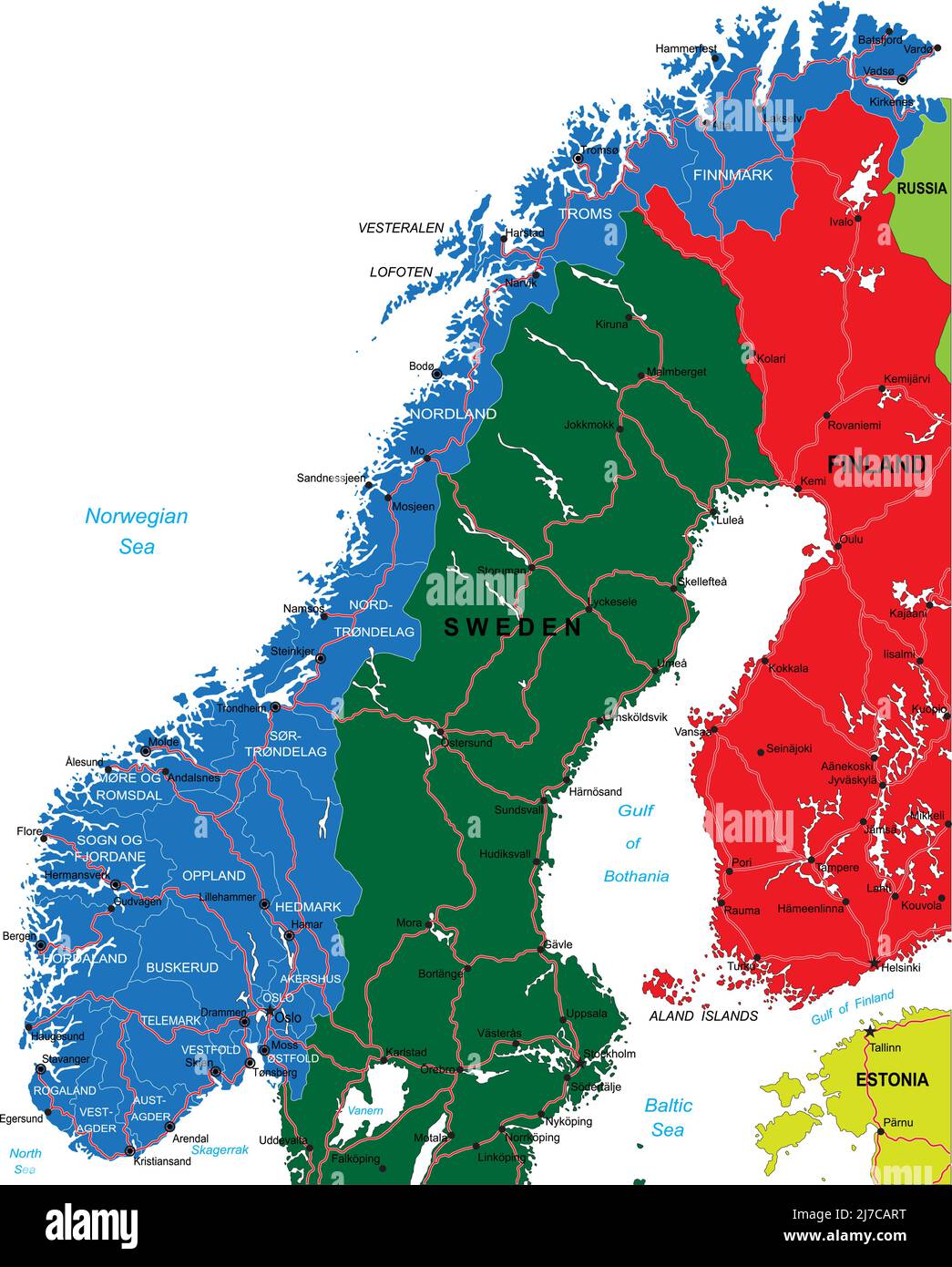 Mappa vettoriale altamente dettagliata della Norvegia con regioni amministrative, città principali e strade. Illustrazione Vettoriale