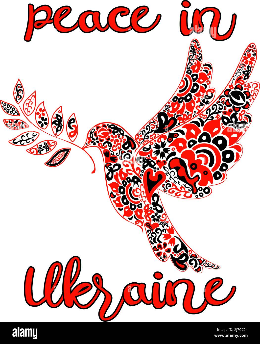 Pace in Ucraina illustrazione dell'arte popolare colomba di segno di pace in rosso e nero colori e modello etnico Illustrazione Vettoriale