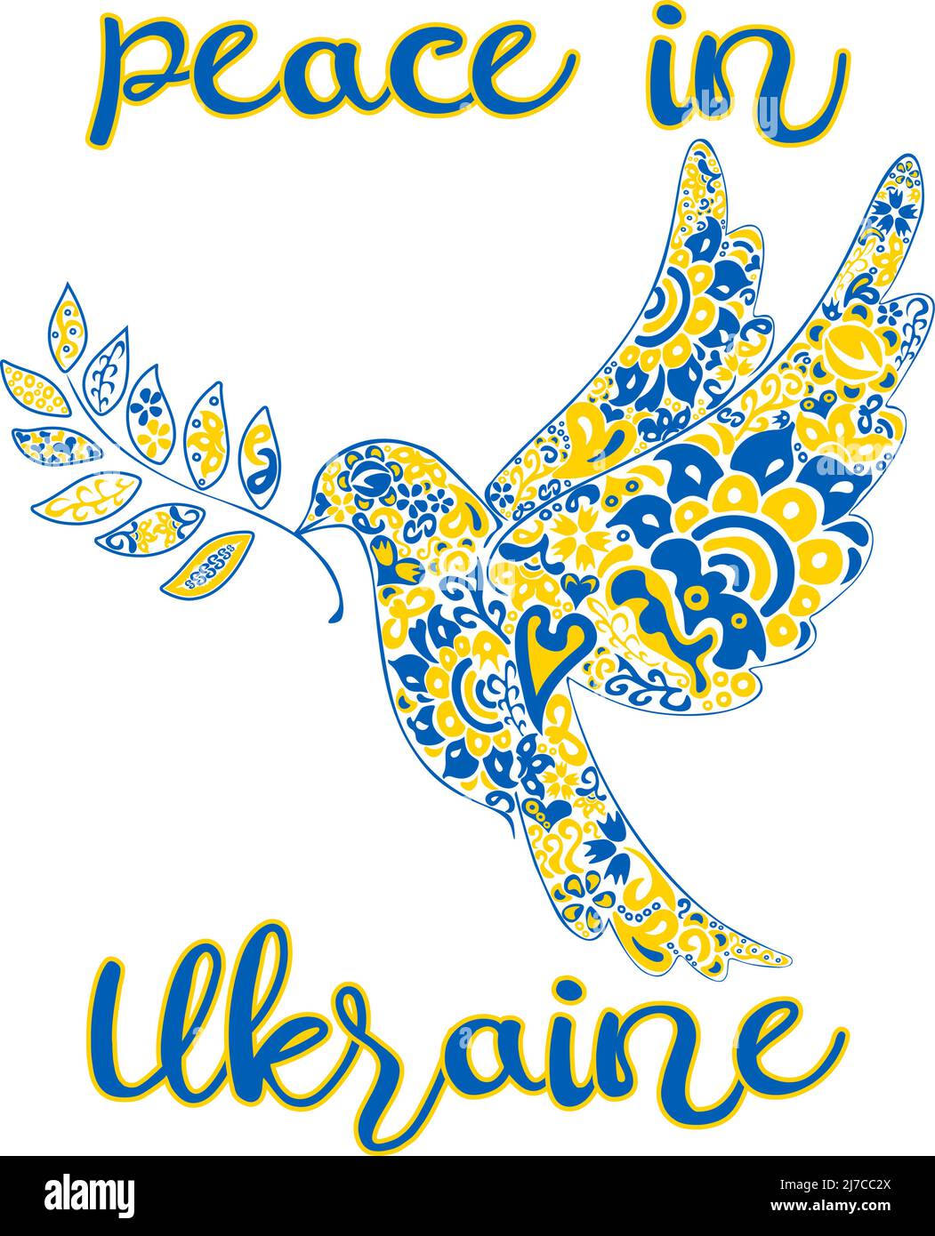 Pace in Ucraina illustrazione dell'arte popolare colomba di segno di pace in colori della bandiera Ucraina e modello etnico Illustrazione Vettoriale