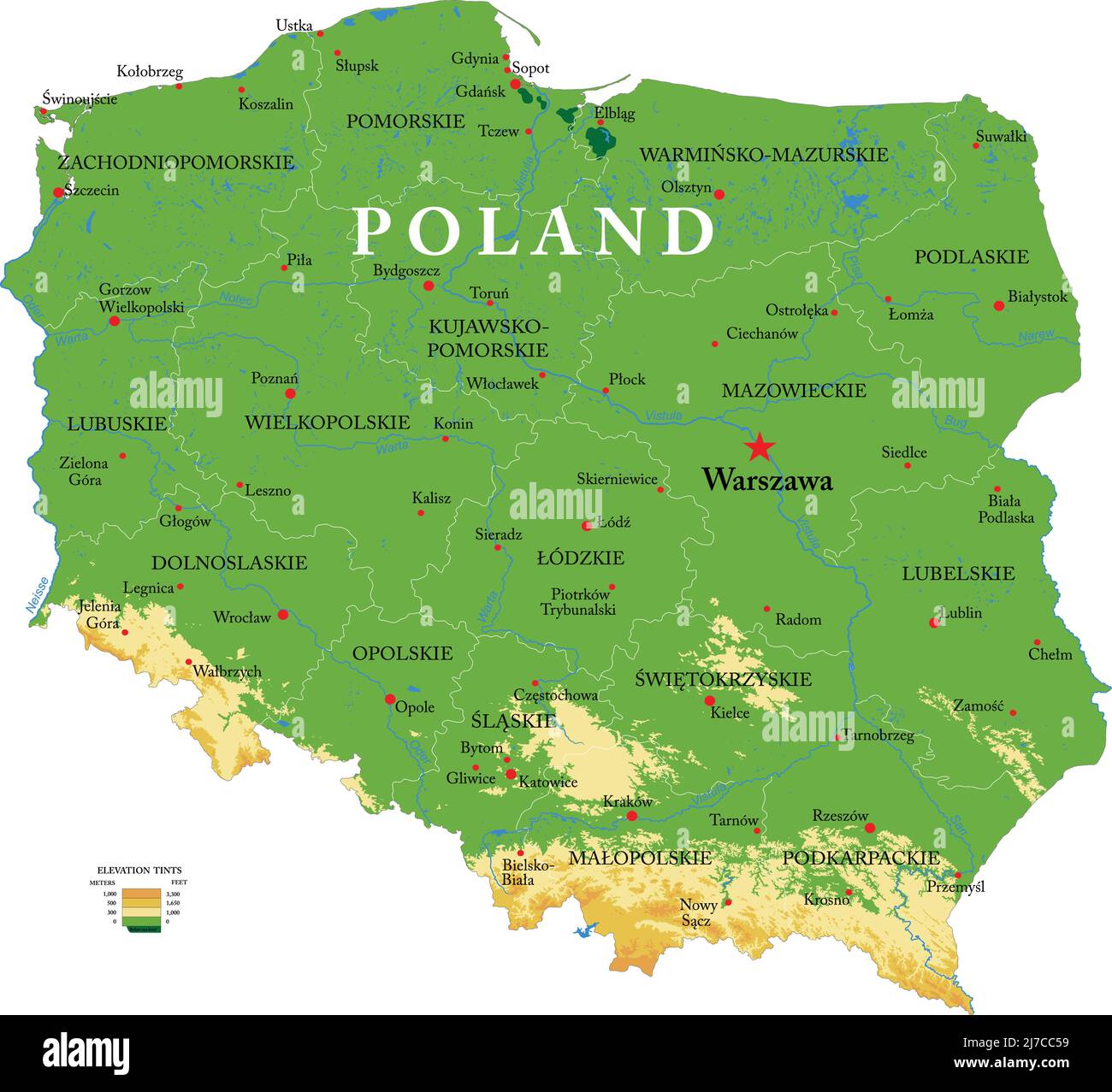 Mappa fisica molto dettagliata della Polonia, in formato vettoriale, con tutte le forme di rilievo, le regioni e le grandi città. Illustrazione Vettoriale