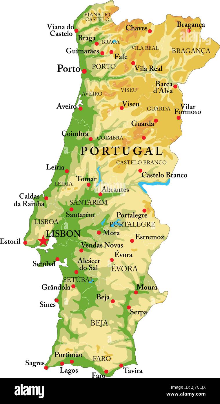 Mappa fisica molto dettagliata del Portogallo, in formato vettoriale, con tutte le forme di rilievo, regioni e grandi città. Illustrazione Vettoriale
