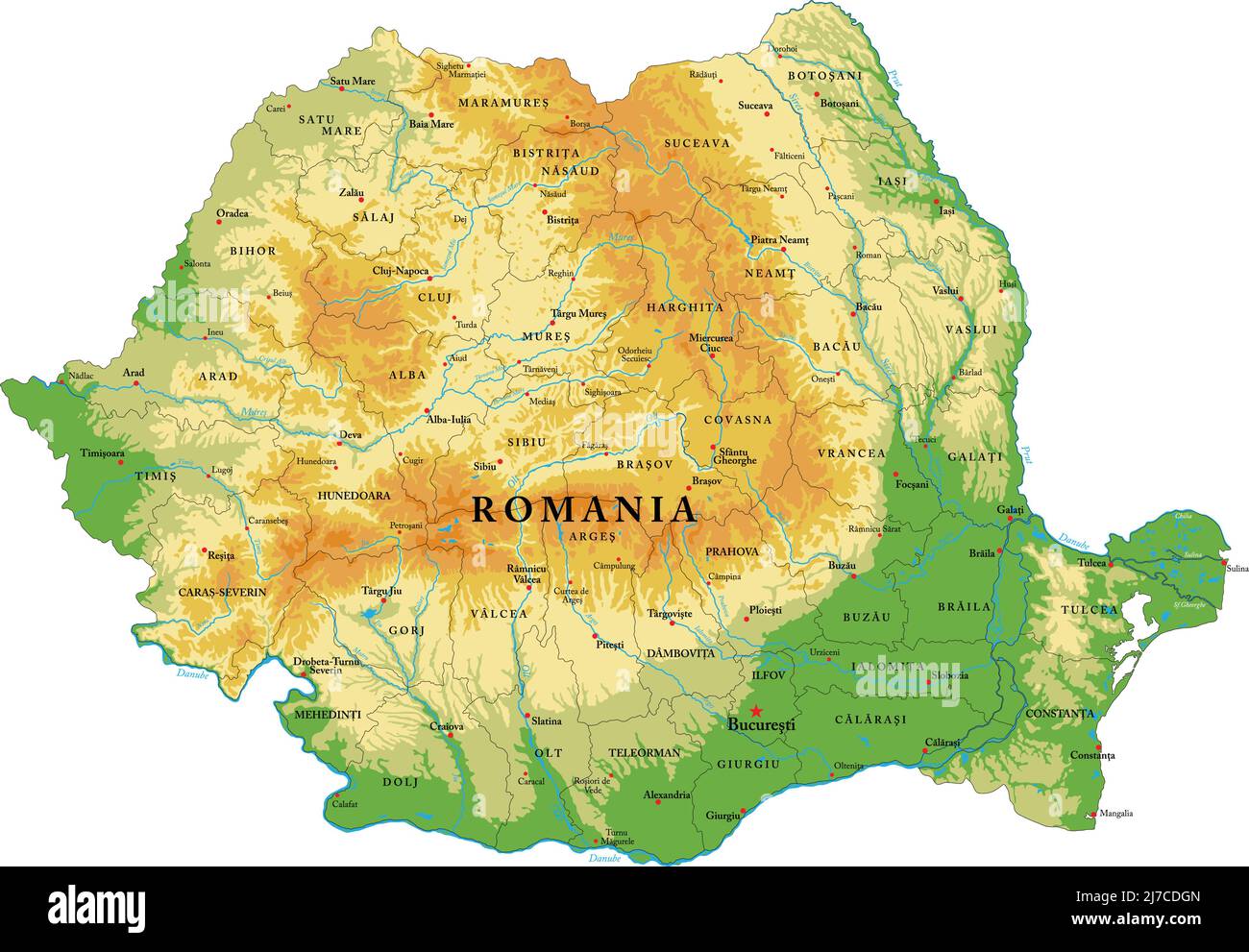 Mappa fisica molto dettagliata della Romania, in formato vettoriale, con tutte le forme di rilievo, regioni e grandi città. Illustrazione Vettoriale