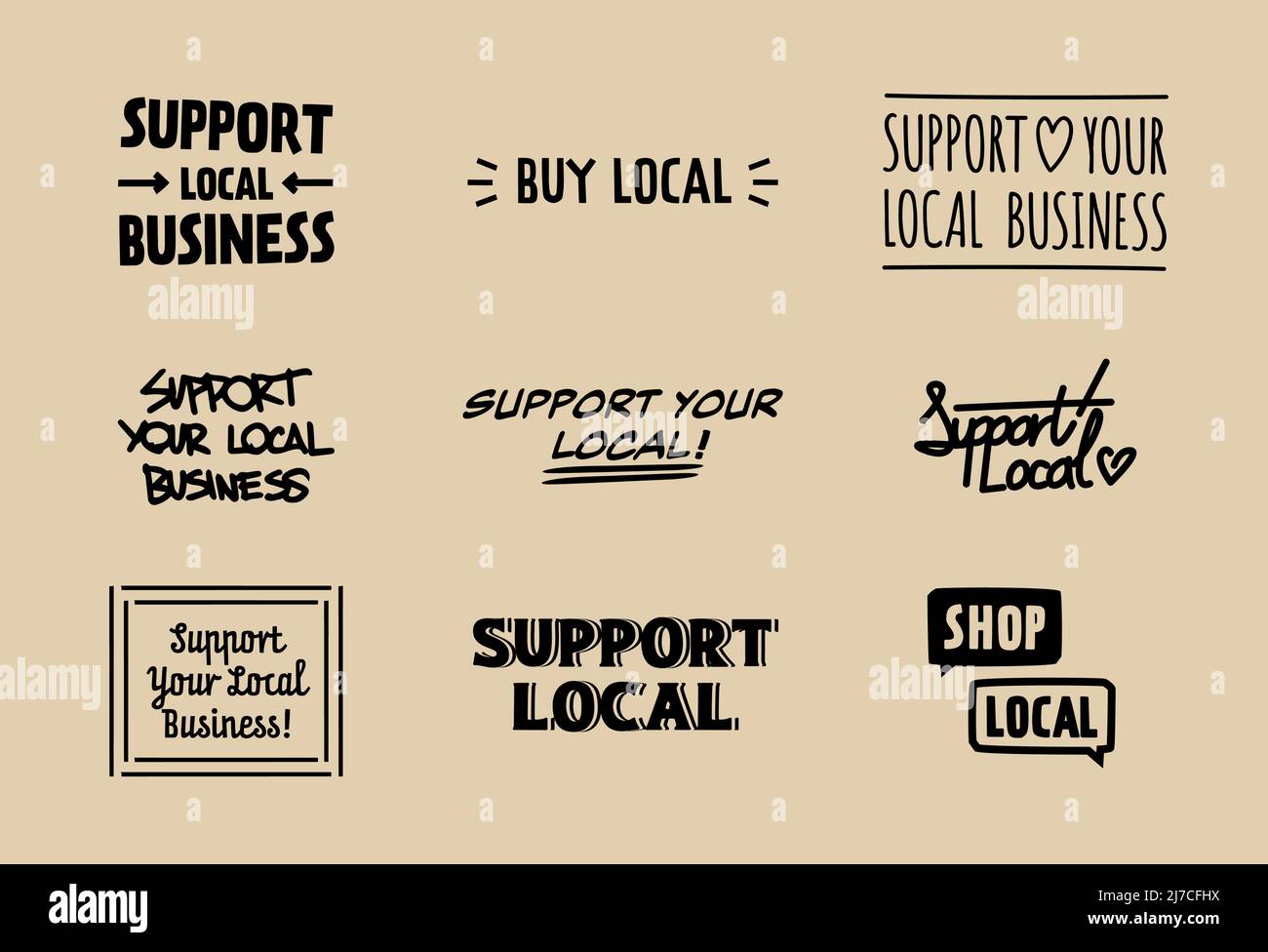 Supporta il tuo set di badge aziendali locali. Cartelli di testo per gruppi di acquisti e negozi locali. Illustrazione Vettoriale