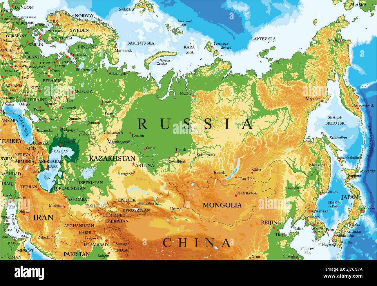 Mappa fisica altamente dettagliata della Russia, in formato vettoriale, con tutte le forme di rilievo, regioni e grandi città. Illustrazione Vettoriale